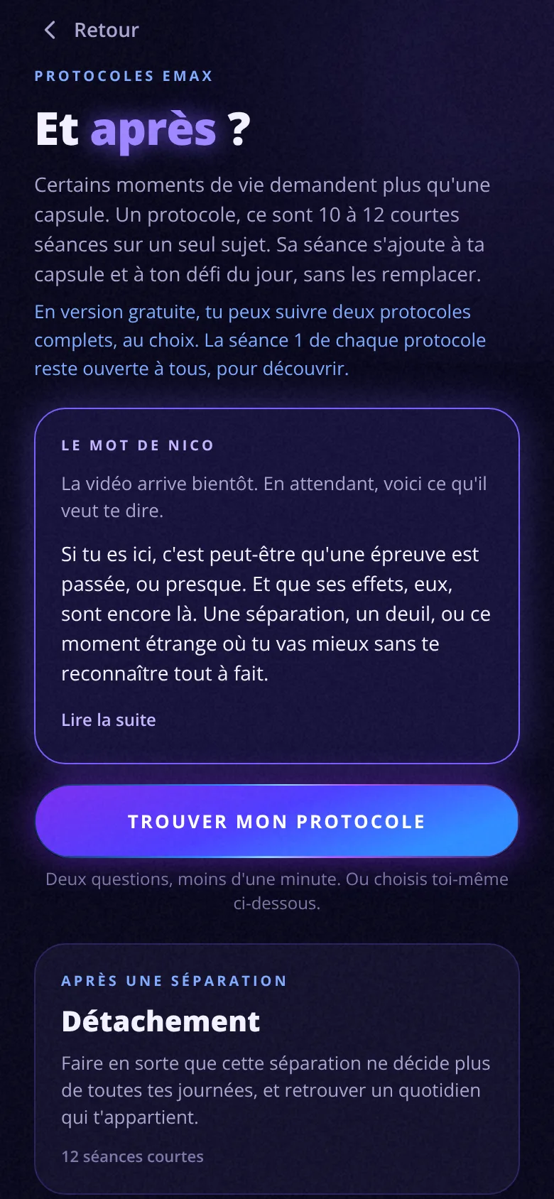 Écran Un protocole par situation de l’application EMAX